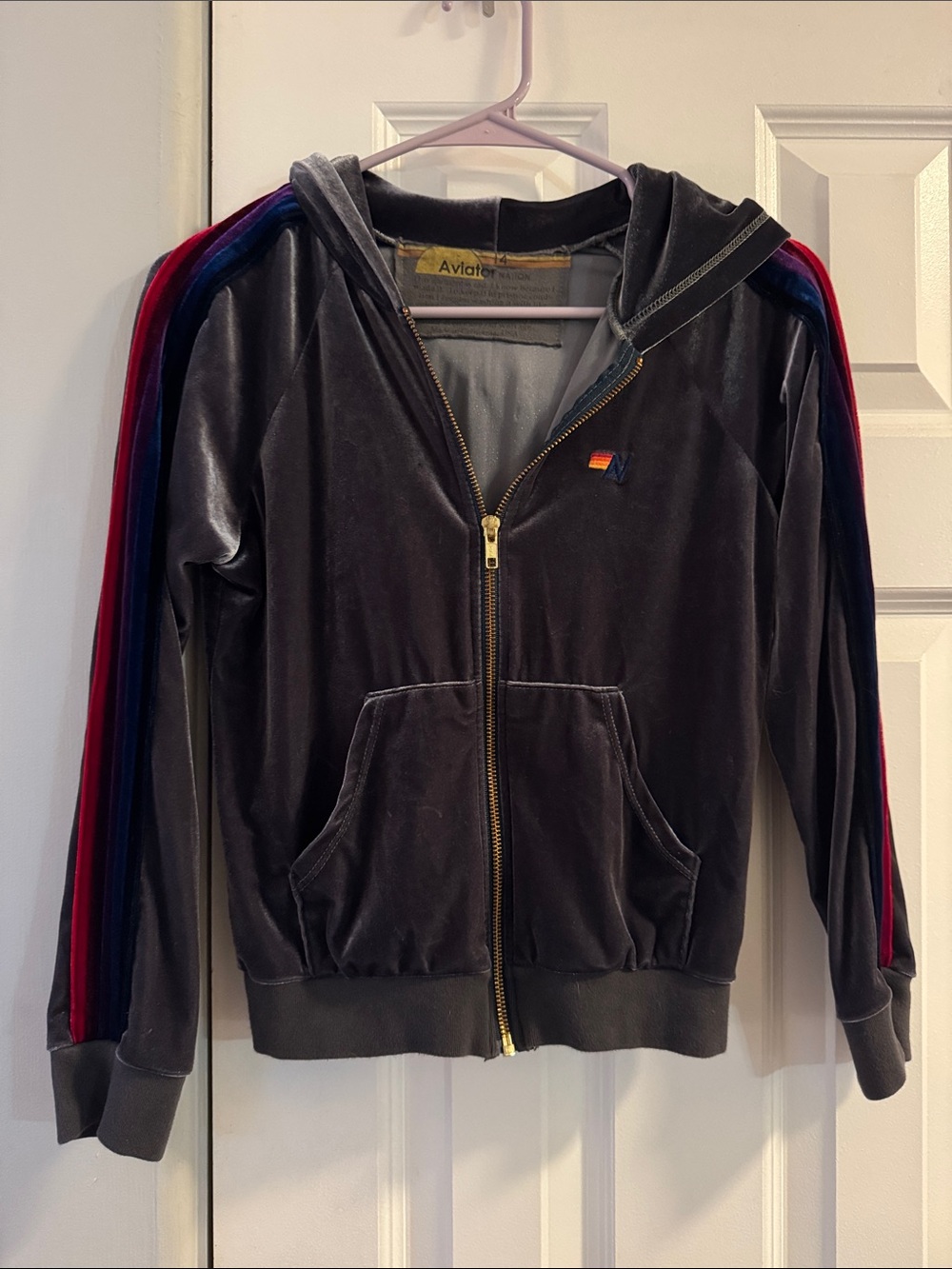 Aviator Nation Charcoal Velour Zip Hoodie with Multicolor Stripe